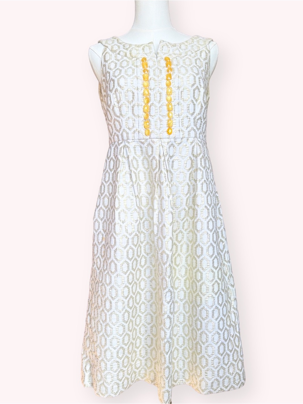 Vintage Maggy London Gold Metallic Jacquard Jeweled Dress Pockets Ivory